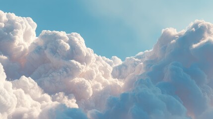 Fluffy cumulus clouds with subtle pink tones illuminated by warm light in a blue sky, representing the Cloud Dancer color of the year 2026.