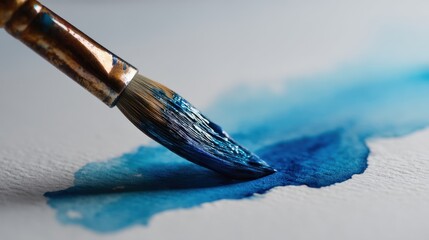 A paintbrush covered in blue paint touches the surface of textured paper. The paint spreads across the paper showing a blend of colors. This scene takes place during an art session.