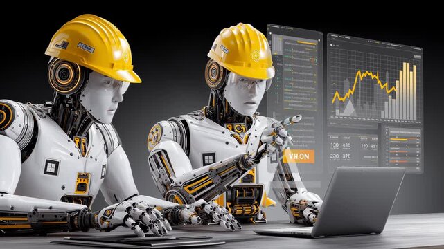 Futuristic Robots Analyzing Data with Laptop and Digital Charts. Video.