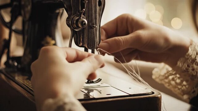 Hands threading vintage sewing machine needle close up craft and textile work