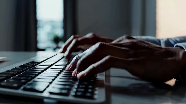 Close-up of person typing on a laptop keyboard in a dimly lit room