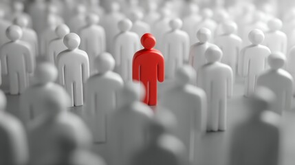 A red figure is in the center of a group of white figures. This scene represents the theme of individuality in a sea of uniformity. The setting suggests a discussion on identity or presence.