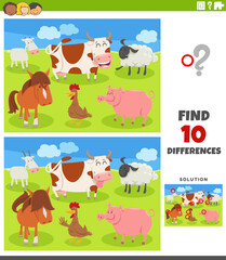 differences activity puzzle with happy cartoon farm animals group