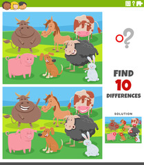 differences activity puzzle with cartoon farm animals group