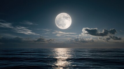 The moon is bright in the night sky over the ocean. Light reflects on the water and there are clouds floating nearby. The scene captures a calm moment at sea.