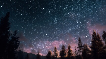 Fototapeta premium The night sky is filled with bright stars and constellations. Tall trees outline the bottom of the scene. Hues of pink and purple are visible indicating twilight.
