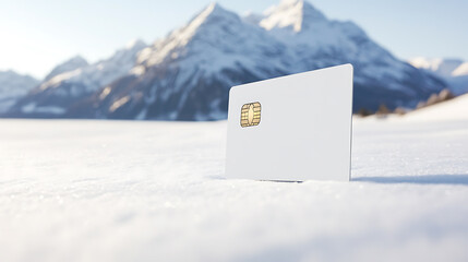 A generic, blank credit card stands in a snowy landscape, with majestic mountains in the background. The plain white card, with its golden chip, is a striking contrast to the winter scene.