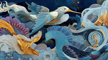 Naklejka premium Elegant Birds in Flight with Ornate Blue and Gold Details image photo