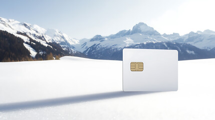 A crisp white smart card stands in stark contrast against the pure, untouched snow, with majestic, snow-capped mountains as a stunning backdrop. Modern meets nature.