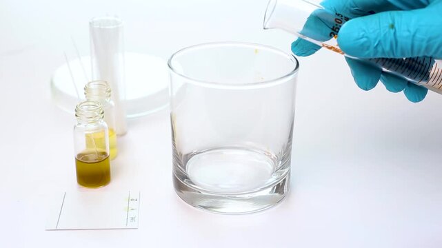 A scientist pours prepared solvent from a graduated cylinder into a developing tank to set up the mobile phase for Thin Layer Chromatography (TLC) analysis.