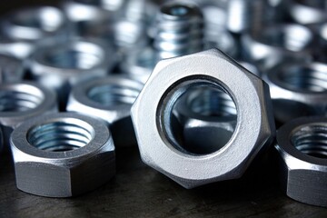 Many nuts scattered on a workbench with some in focus