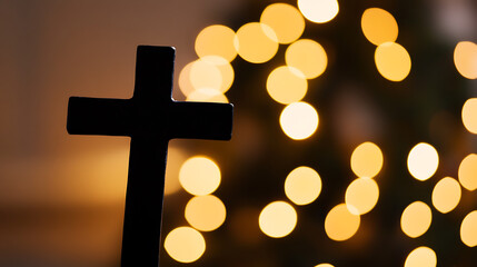 This image shows a cross silhouetted against blurred, glowing lights, evoking a sense of reverence and celebration, likely for religious holidays or spiritual events.