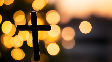A silhouette of a cross stands against a bokeh backdrop of warm golden lights, creating a serene and spiritual atmosphere. Symbolism and faith come together in this simple yet powerful image.