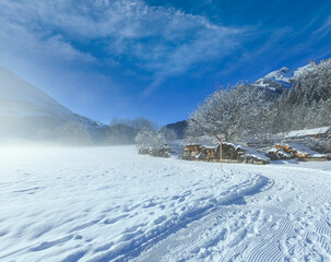 Winter mountain rural landscape.