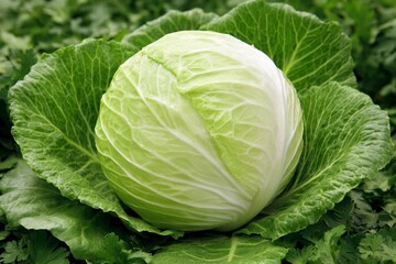Fototapeta premium Fresh cabbage sits on green leaves in a garden
