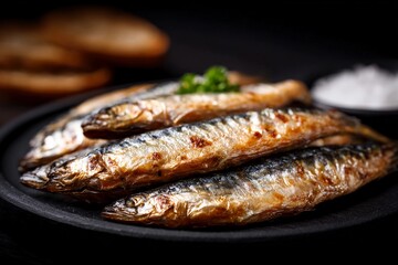Fresh fish grill served on a black plate with herbs