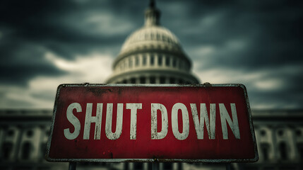 Political gridlock symbolized by a 'Shut Down' sign in front of a government building. The image conveys uncertainty and the impact of policy disagreements on services.