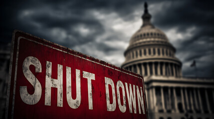 A stark warning looms as a weathered sign declares "SHUT DOWN," with the iconic silhouette of a capitol building fading into the background under a foreboding sky. The sign's red hue.