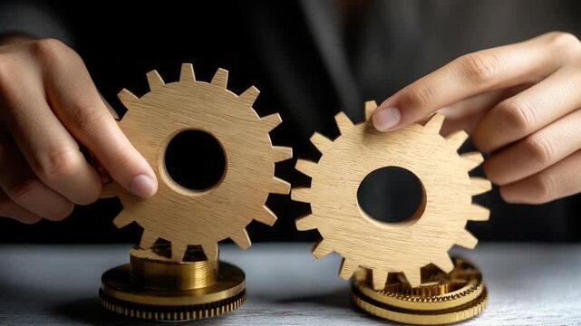 Close-up of two wooden gears on a table, great for industry or machinery concept s
