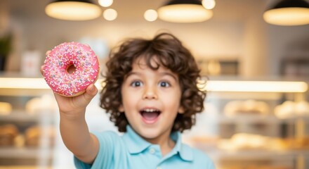 Excited little boy holding up pink donut with sprinkles in bright bakery cafe