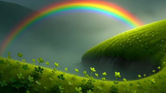 Rainbow above green hills and clovers in a scene celebrating St. Patrick's Day in a countryside landscape