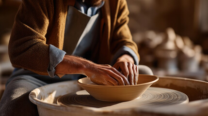 A ceramic artist smoothing wet clay on a spinning wheel, fingertips meeting just the right friction to shape the vessel’s perfect curve — tactile craftsmanship, artisanal skill, and creative flow.