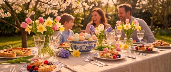 Family gathering for Easter celebration in a garden setting