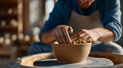 A ceramic artist smoothing wet clay on a spinning wheel, fingertips meeting just the right friction to shape the vessel’s perfect curve — tactile craftsmanship, artisanal skill, and creative flow.