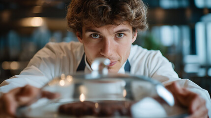A chef lifting a cloche during a cooking competition reveal, eyes widening at the unexpected mystery ingredient — culinary surprise challenge, high-pressure kitchen storytelling, and dynamic chef