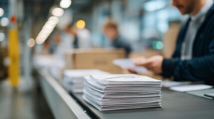 A stack of folded shipping inserts beside a bustling packaging station, workers prepping custom boxes with precision — e-commerce fulfillment workflow, efficient production lines, and modern