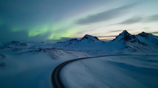 Aurora borealis dances above a winding road through a stark, snowy landscape, under the watchful gaze of majestic mountains, creating an ethereal winter scene. - Powered by Adobe