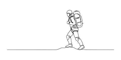 Continuous one line of a mountaineer with backpack, representing adventure, strength, and perseverance, hand drawn vector illustration.