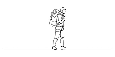 Continuous one line of a mountaineer with backpack, representing adventure, strength, and perseverance, hand drawn vector illustration.