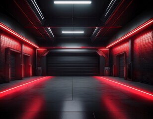 black empty garage with red neon lights