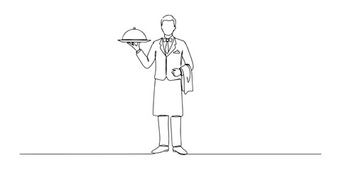 Continuous one line of a waiter with tray, representing service, hospitality, and elegance, hand drawn vector illustration.