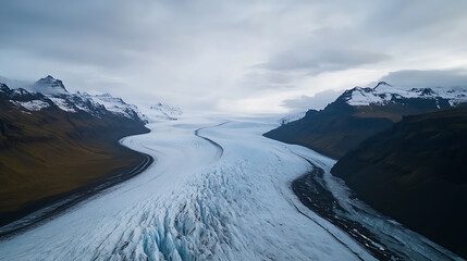 Sweeping aerial shot captures a vast glacier winding between snow-capped mountains under a cloudy sky, showcasing the raw beauty and serene stillness of nature's icy wonders.