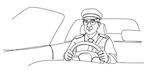 Continuous one line of a taxi driver with steering wheel, symbolizing transport, service, and city life, hand drawn vector illustration.