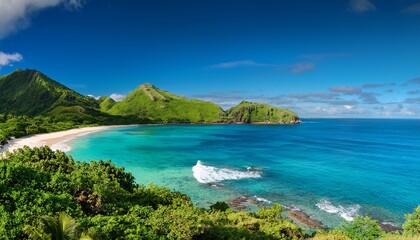 breathtaking tropical island beach with turquoise waters and verdant hills ocean