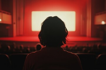 A person watches a blank screen in a dark theater with red lights.