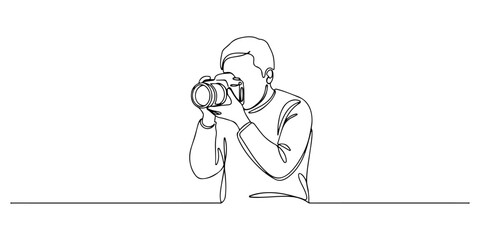 Continuous one line of a photographer with camera, symbolizing vision, creativity, and storytelling, hand drawn vector illustration.