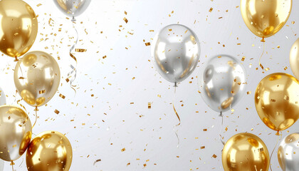 Golden and silver Christmas balls floating with blue bubble and droplet patterns