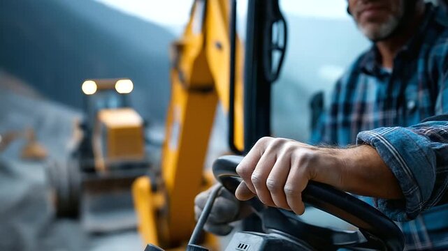 Faceless construction worker's torso operating heavy excavation machinery hands on controls visible defocused open mining pit background professional equipment handling quarry