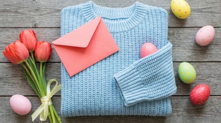 Blue sweater folded on a rustic wooden surface with tulips, a pink envelope and pastel Easter eggs arranged nearby, leaving an open area of wood suitable for text and design placement for seasonal lif