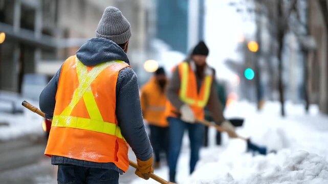 Faceless municipal service workers' backs sweeping snow from urban road defocused winter street scene with buildings street cleaning crew cold weather maintenance city snow rem