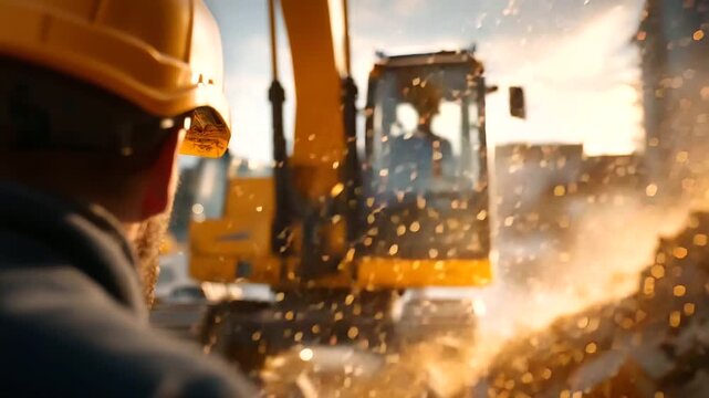 Heavy excavator demolishing old industrial building faceless operator controlling from cabin defocused concrete debris falling in background destruction work in progress urban