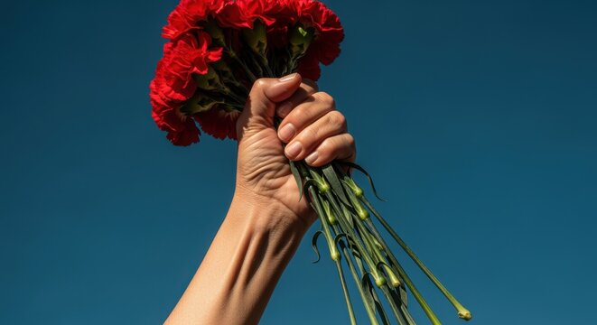Hand holds red carnations with long stems against a deep clear blue sky, leaving ample empty space for text or design on the right and above. The close-up floral composition emphasizes color contrast 