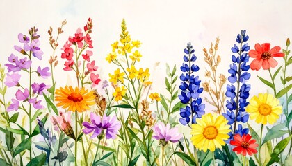 Watercolor meadow flowers in vibrant colors