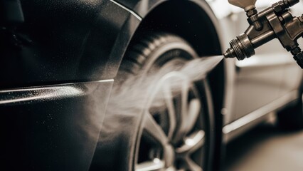 Car undercoating spray application on vehicle side near wheel — ideal for automotive rust prevention, corrosion protection and vehicle maintenance content.
