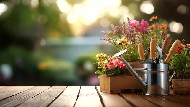 Gardening hand tools and colorful spring flowers arranged on outdoor terrace faceless composition defocused garden background with bokeh horticultural equipment display