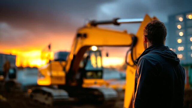 Large yellow excavator positioned at active construction site faceless operator silhouette defocused heavy machinery background earthmoving equipment building development zone